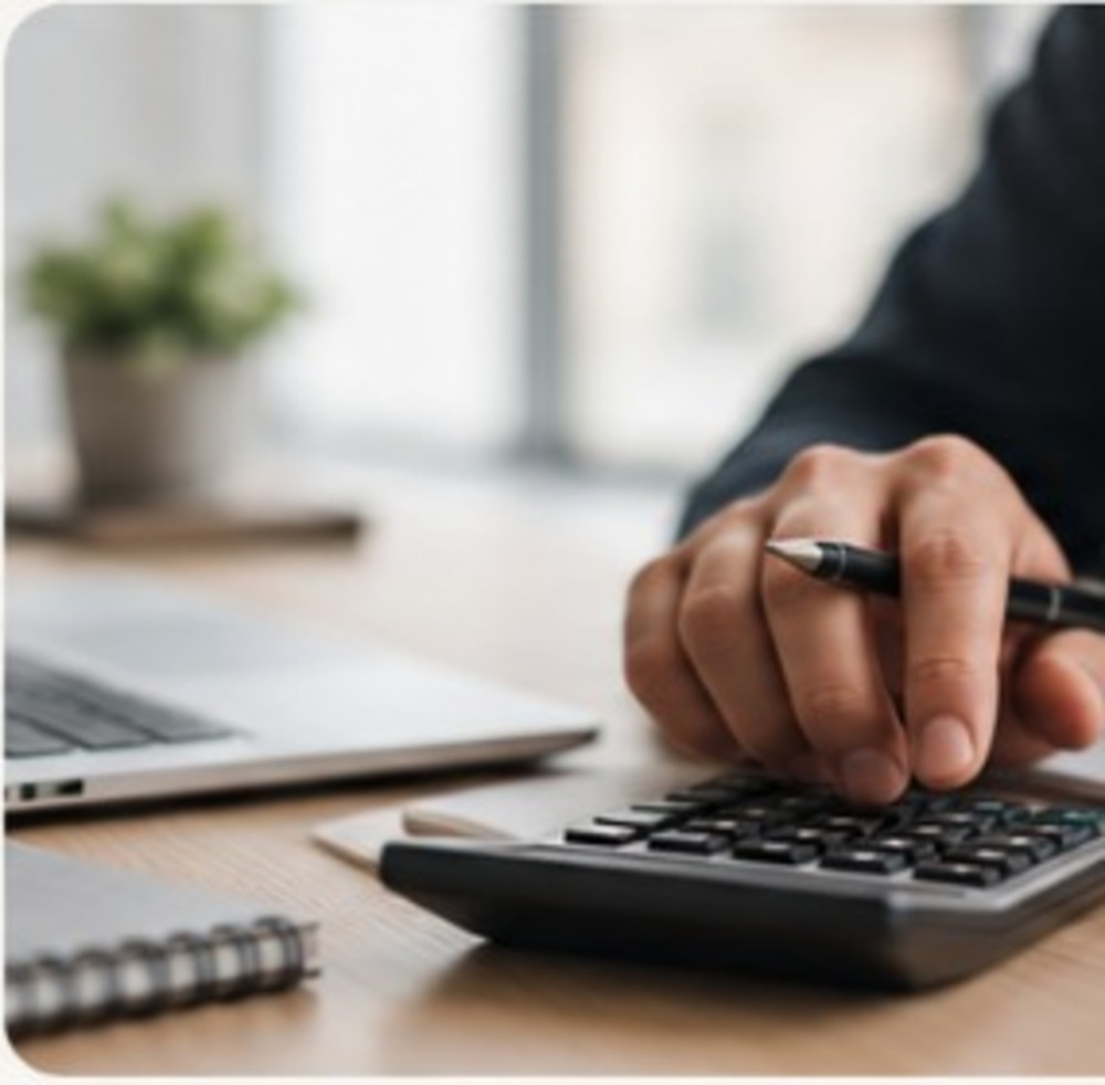 Profissional analisando informações financeiras em uma calculadora